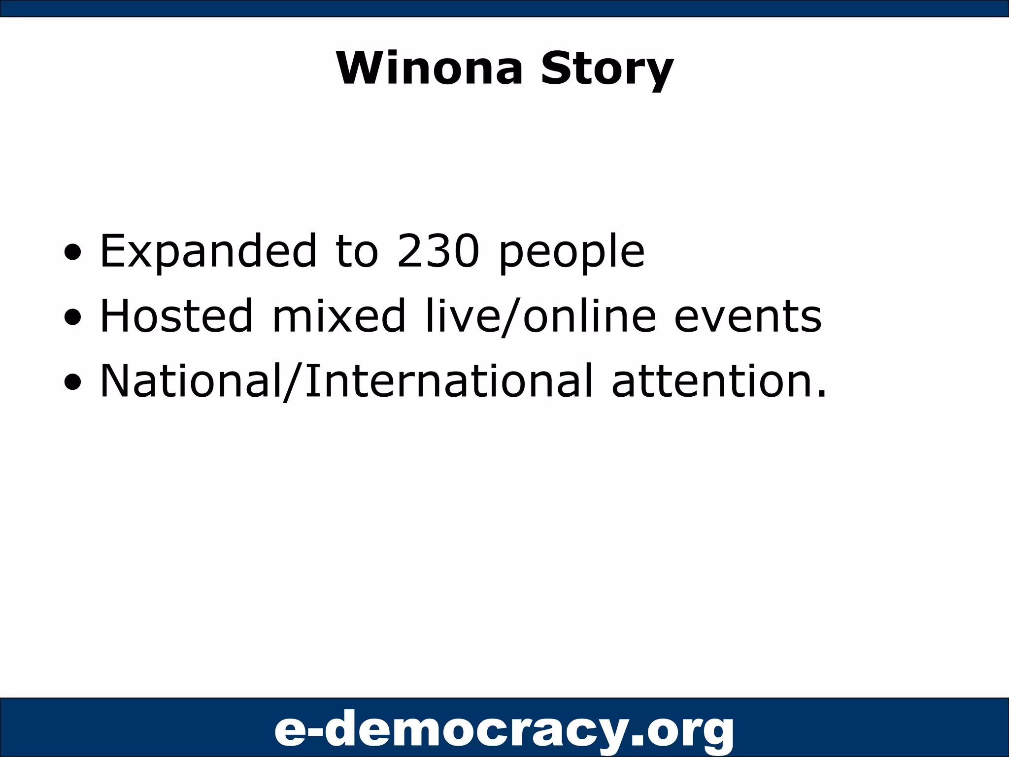 Winona Story Expanded to 230 people Hosted mixed live/online events National/International attention. 