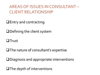AREAS OF ISSUES IN CONSULTANT –
CLIENT RELATIONSHIP
Entry and contracting
Defining the client system
Trust
The nature of consultant’s expertise
Diagnosis and appropriate interventions
The depth of interventions
 