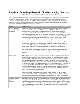 Legal and Quasi-Legal Issues in Cloud Computing Contracts
                       By Steve McDonald, General Counsel, Rhode Island School of Design

The following is a brief summary of the most common and significant legal issues that can arise in contracts with
vendors for cloud computing services. Most of these issues are ultimately business ones, requiring business
decisions, but they are “legal” in the sense that they either are embedded in the contract (typically in a way that
favors the vendor) or should be dealt with in the contract (to ensure that the vendor’s actions are appropriately
constrained and that the vendor is accountable for its actions).

ISSUE                   COMMENTS
FERPA (and privacy      Much of our data—including student information databases and much faculty and staff e-
and confidentiality     mail—constitutes “education records” for purposes of FERPA and therefore may be
generally)              outsourced only to vendors that we have designated, and that are willing to accept
                        designation, as “school officials” with “legitimate educational interests” in the data. In order
                        to do that, we must ensure both that our definitions of those two terms in our FERPA annual
                        notices are broad enough to cover outsourcing and that the vendor will not use the data for
                        any purpose other than providing the outsourced service (such as data mining for the
                        vendor’s own benefit) or redisclose it to others without appropriate authorization.

                        There may be similar requirements under other statutes governing the privacy and
                        confidentiality of specific types of information, and we are likely to want to protect the
                        privacy and confidentiality of most of our data in any event. Any such requirements or
                        desires should be set forth expressly in the contract, or they will not be enforceable.

                        If the vendor is able to provide encryption of our data in both transmission and storage,
                        privacy concerns, and the need for other contractual protections, may be lessened or even
                        eliminated.

Data security           If they address the issue at all, vendor form contracts are likely to promise to provide only
                        “reasonable” security for your data, or perhaps to adhere to “industry standard” security
                        practices. While such promises sound good in the abstract, they are open to considerable
                        interpretation and argument. It is preferable to specify an actual, specific, independent
                        security standard and require that it be updated, and perhaps audited, regularly. In addition,
                        for certain kinds of data (e.g., data subject to HIPAA, Gramm-Leach-Bliley, PCI DSS, or the
                        Massachusetts Standards for the Protection of Personal Information of Residents of the
                        Commonwealth), there may be specific security requirements that must be included in any
                        vendor contracts. Ideally, the contract should also provide for regular SAS 70, Type II
                        audits, with customer access to the results.

                        Finally, the contract should require the vendor to give us notice of any security/data
                        breaches, and, to the extent that user notification is legally required, such notice should
                        preferably be in advance of user notification (which should be the vendor’s responsibility).

Access to data for      Although the contract probably will not (and probably need not) expressly address the issue,
purposes of e-          it is important to understand—ahead of time—the architecture of the vendor’s system, how
discovery               and in what format it keeps your data, and what tools are available to you to access your data
                        so that you will be ready for any e-discovery needs that may arise. “Free” services typically
                        will have few such tools available, which likely will make e-discovery a time-consuming
                        and cumbersome task.
 