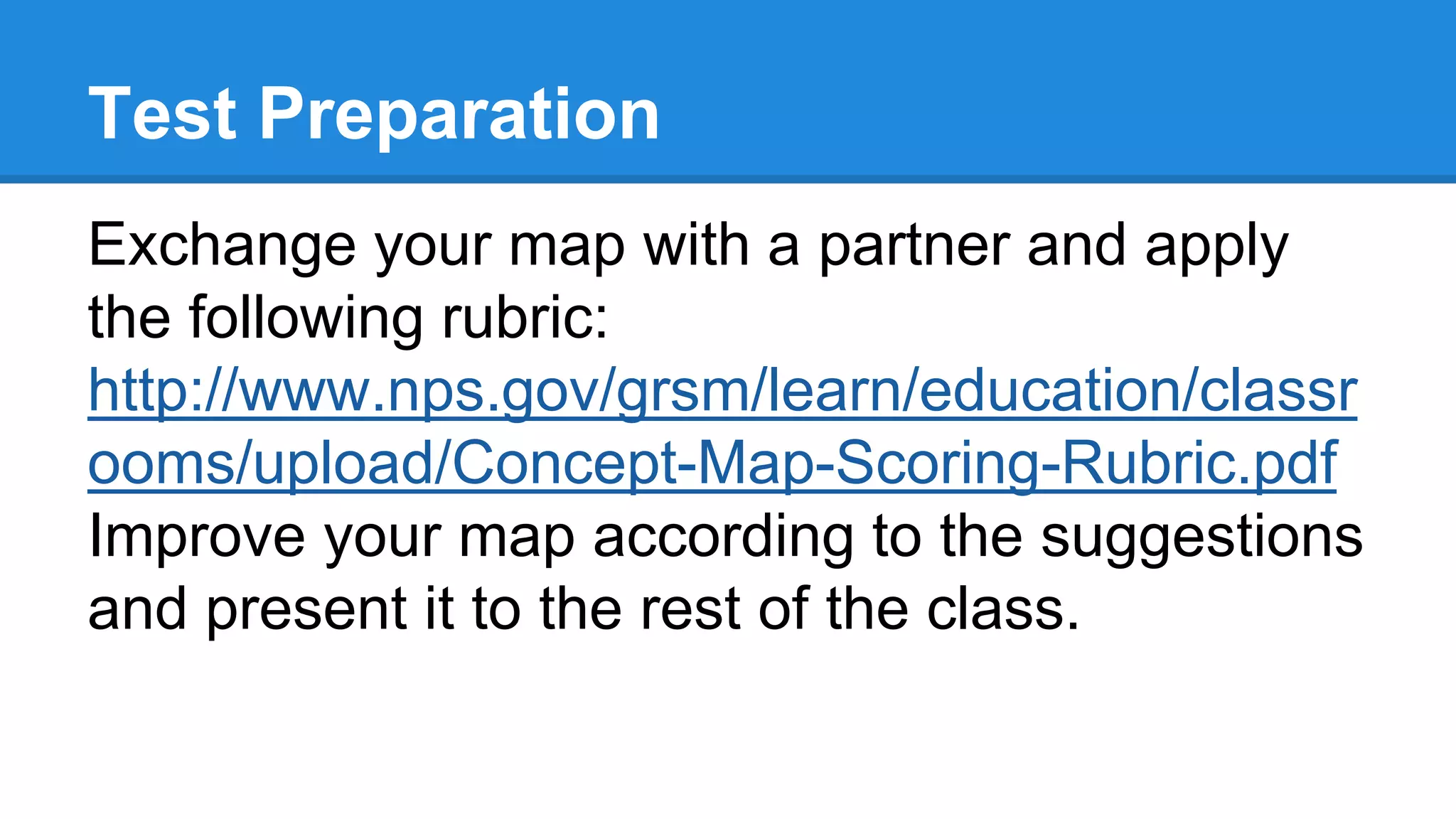 Test Preparation
Exchange your map with a partner and apply
the following rubric:
http://www.nps.gov/grsm/learn/education/classr
ooms/upload/Concept-Map-Scoring-Rubric.pdf
Improve your map according to the suggestions
and present it to the rest of the class.
 