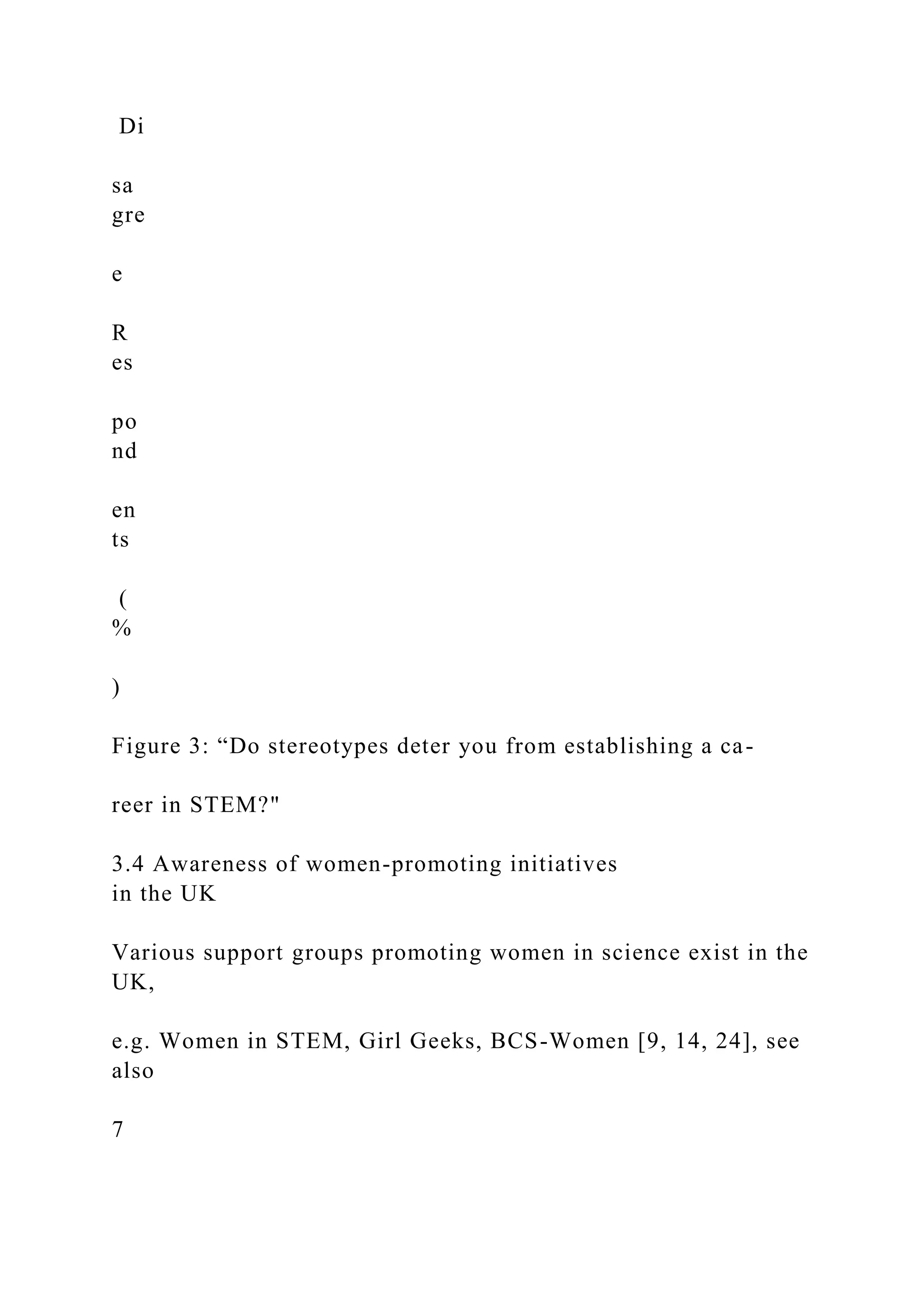 Di
sa
gre
e
R
es
po
nd
en
ts
(
%
)
Figure 3: “Do stereotypes deter you from establishing a ca-
reer in STEM?"
3.4 Awareness of women-promoting initiatives
in the UK
Various support groups promoting women in science exist in the
UK,
e.g. Women in STEM, Girl Geeks, BCS-Women [9, 14, 24], see
also
7
 