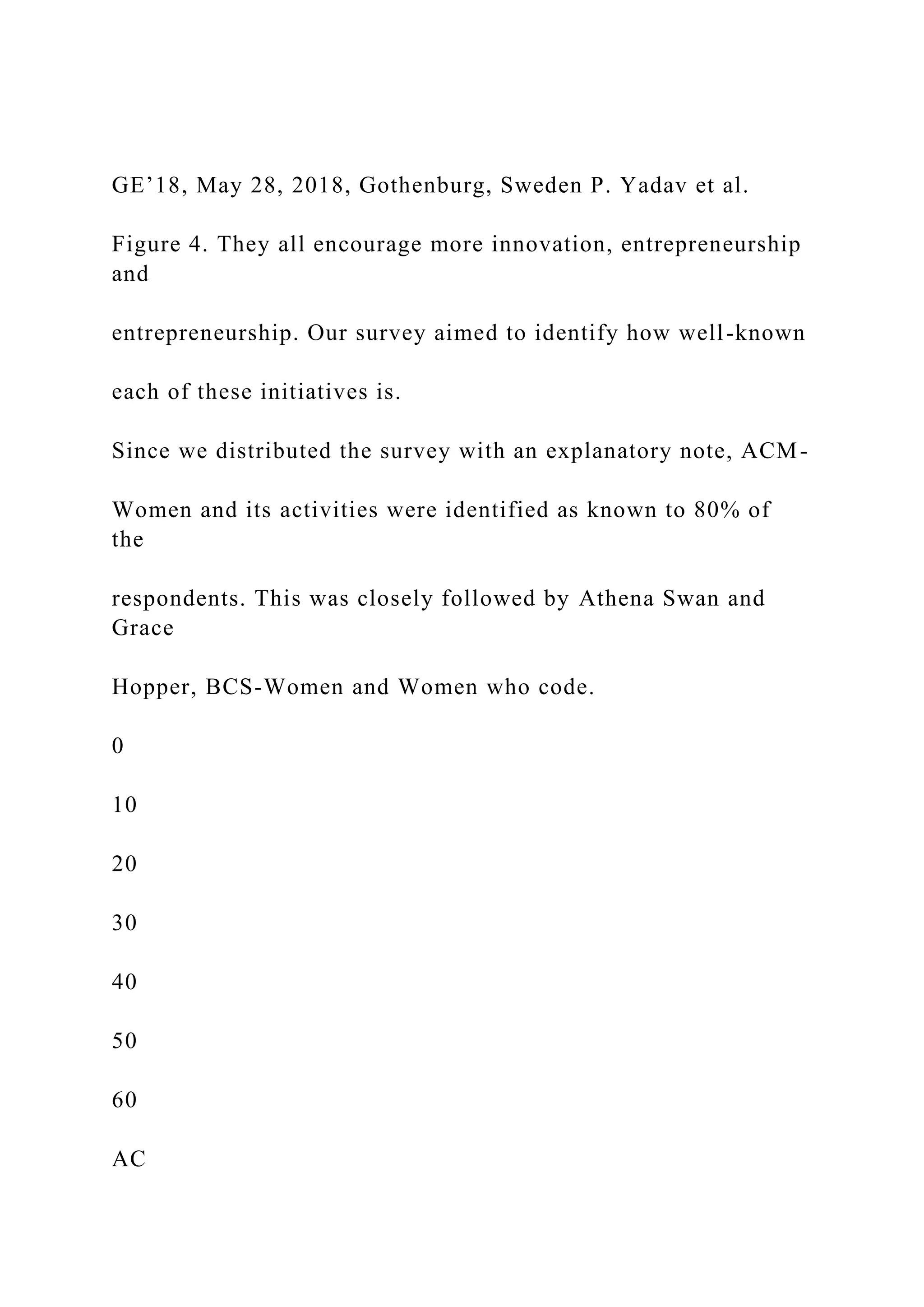 GE’18, May 28, 2018, Gothenburg, Sweden P. Yadav et al.
Figure 4. They all encourage more innovation, entrepreneurship
and
entrepreneurship. Our survey aimed to identify how well-known
each of these initiatives is.
Since we distributed the survey with an explanatory note, ACM-
Women and its activities were identified as known to 80% of
the
respondents. This was closely followed by Athena Swan and
Grace
Hopper, BCS-Women and Women who code.
0
10
20
30
40
50
60
AC
 