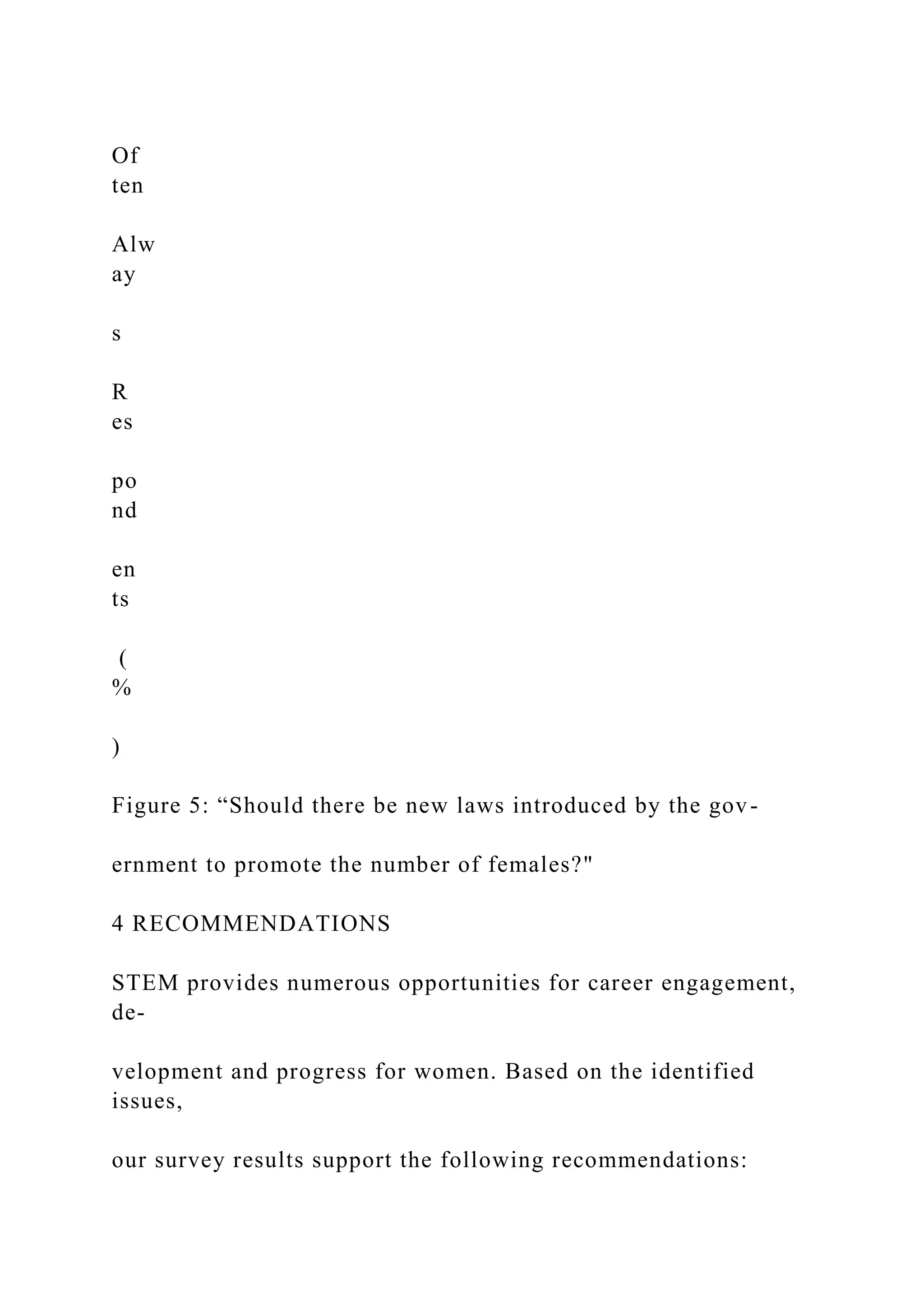 Of
ten
Alw
ay
s
R
es
po
nd
en
ts
(
%
)
Figure 5: “Should there be new laws introduced by the gov-
ernment to promote the number of females?"
4 RECOMMENDATIONS
STEM provides numerous opportunities for career engagement,
de-
velopment and progress for women. Based on the identified
issues,
our survey results support the following recommendations:
 