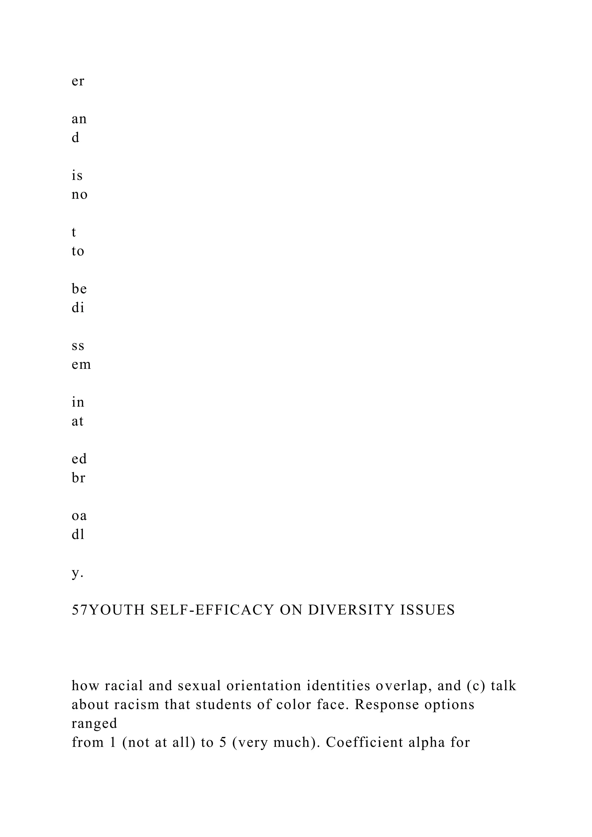 er
an
d
is
no
t
to
be
di
ss
em
in
at
ed
br
oa
dl
y.
57YOUTH SELF-EFFICACY ON DIVERSITY ISSUES
how racial and sexual orientation identities overlap, and (c) talk
about racism that students of color face. Response options
ranged
from 1 (not at all) to 5 (very much). Coefficient alpha for
 