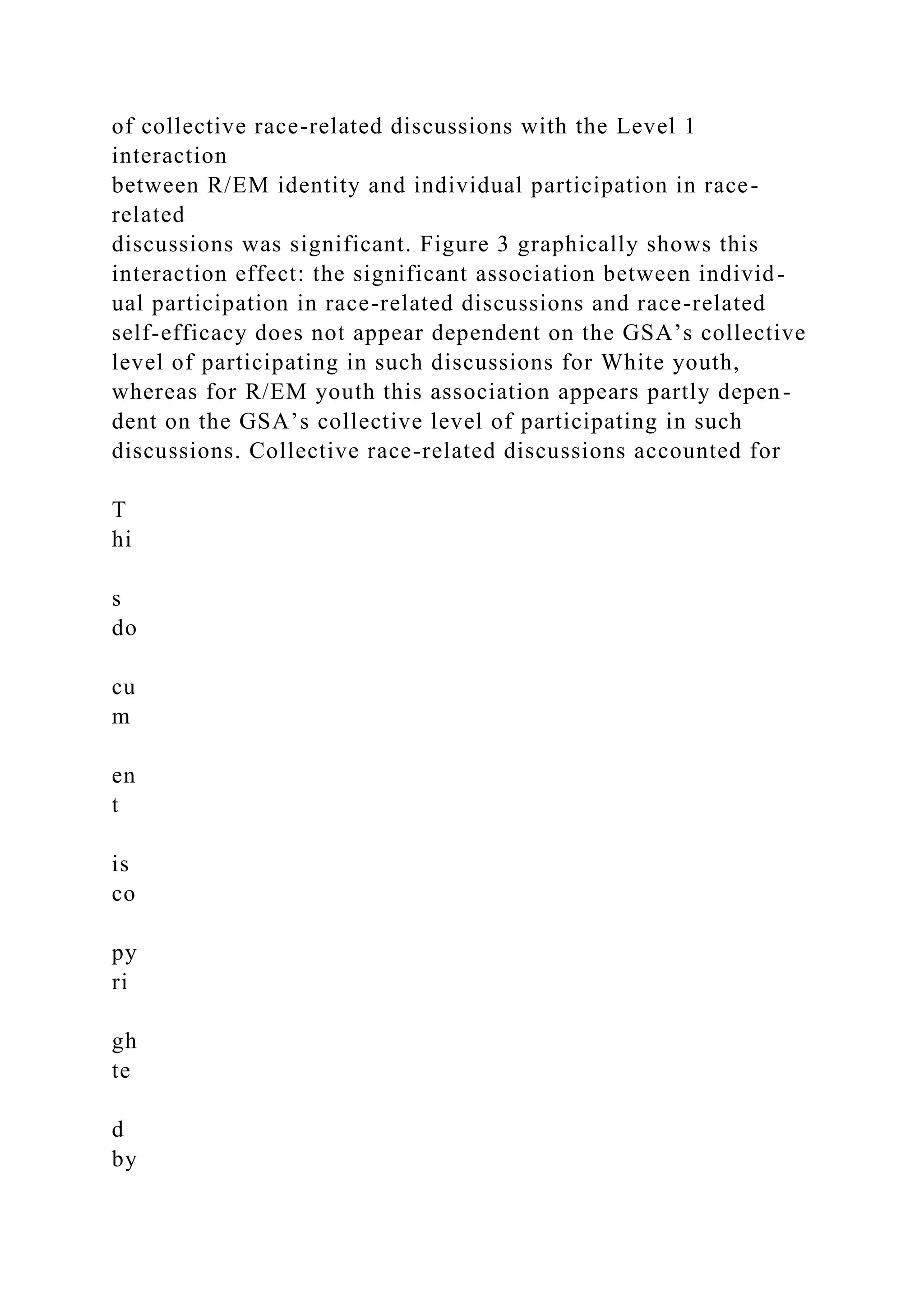 of collective race-related discussions with the Level 1
interaction
between R/EM identity and individual participation in race-
related
discussions was significant. Figure 3 graphically shows this
interaction effect: the significant association between individ-
ual participation in race-related discussions and race-related
self-efficacy does not appear dependent on the GSA’s collective
level of participating in such discussions for White youth,
whereas for R/EM youth this association appears partly depen-
dent on the GSA’s collective level of participating in such
discussions. Collective race-related discussions accounted for
T
hi
s
do
cu
m
en
t
is
co
py
ri
gh
te
d
by
 