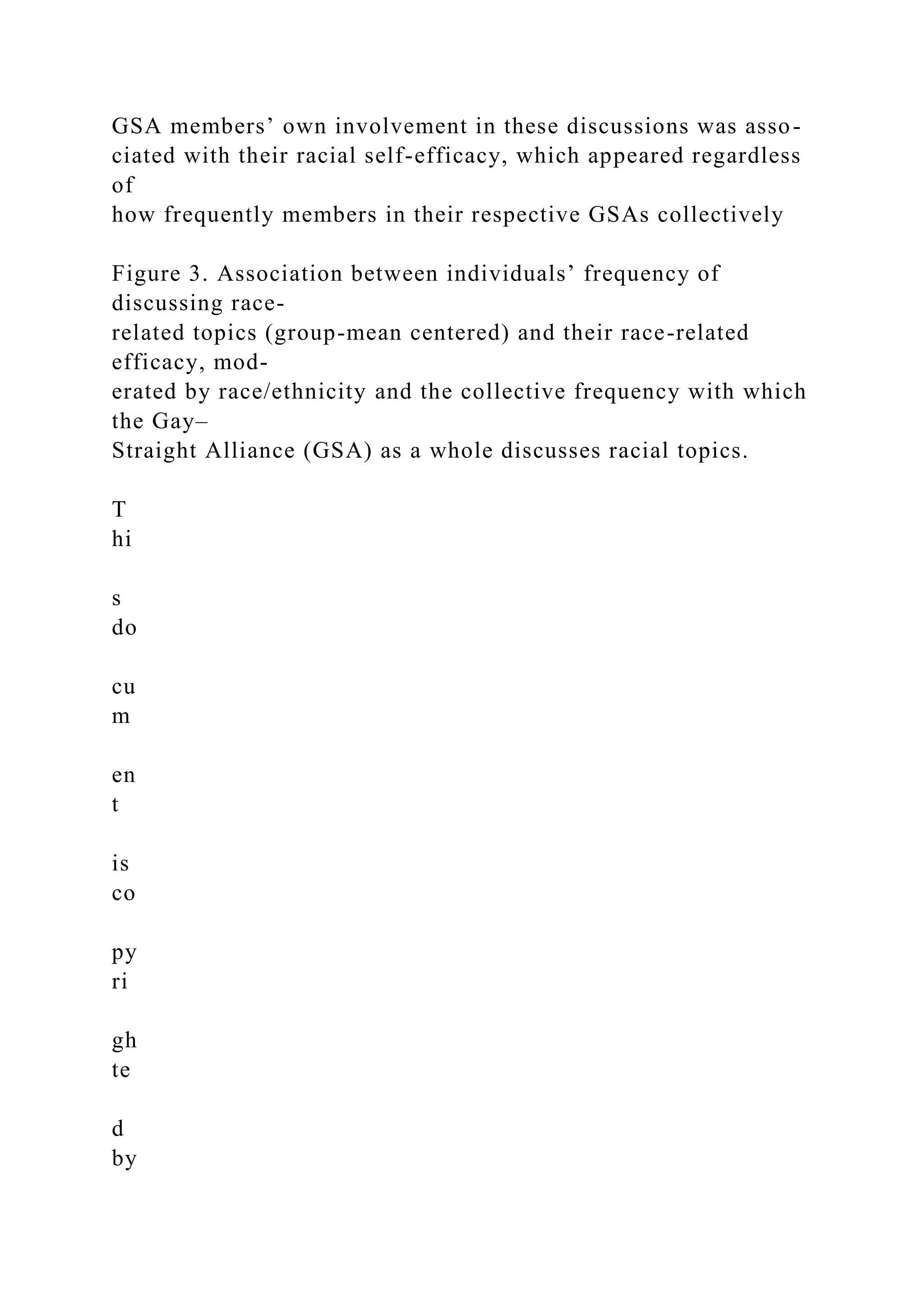 GSA members’ own involvement in these discussions was asso-
ciated with their racial self-efficacy, which appeared regardless
of
how frequently members in their respective GSAs collectively
Figure 3. Association between individuals’ frequency of
discussing race-
related topics (group-mean centered) and their race-related
efficacy, mod-
erated by race/ethnicity and the collective frequency with which
the Gay–
Straight Alliance (GSA) as a whole discusses racial topics.
T
hi
s
do
cu
m
en
t
is
co
py
ri
gh
te
d
by
 