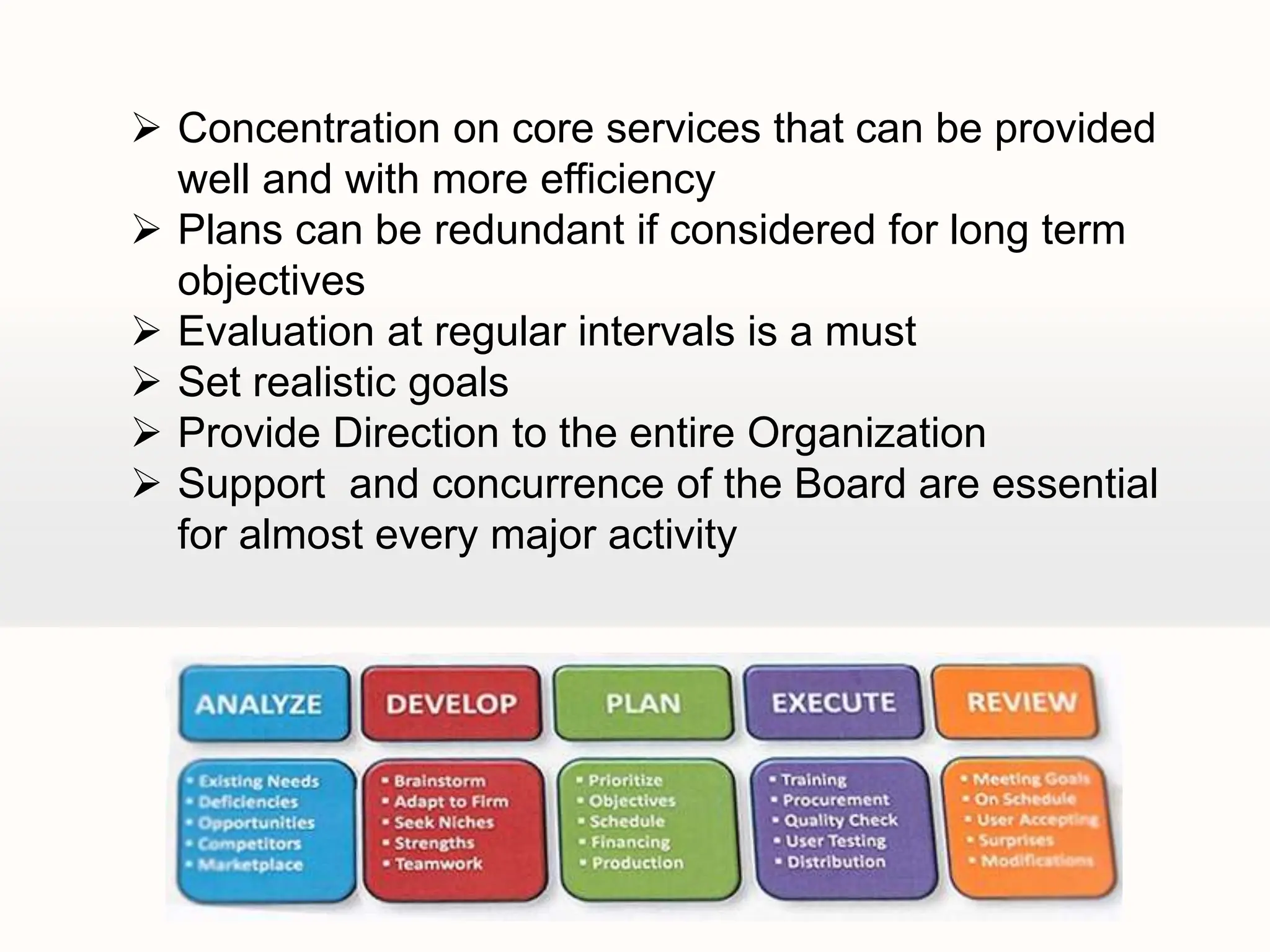  Concentration on core services that can be provided
well and with more efficiency
 Plans can be redundant if considered for long term
objectives
 Evaluation at regular intervals is a must
 Set realistic goals
 Provide Direction to the entire Organization
 Support and concurrence of the Board are essential
for almost every major activity
 