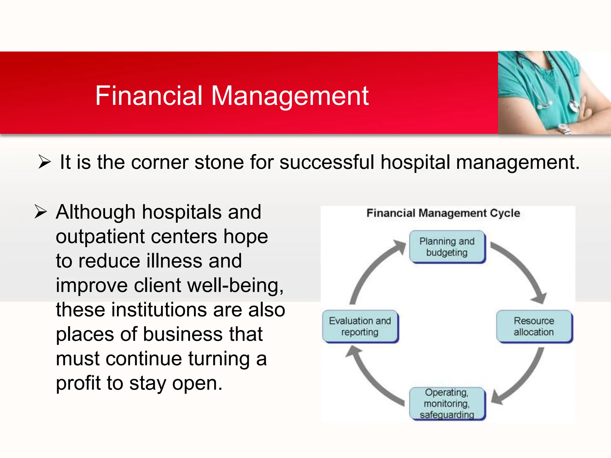  It is the corner stone for successful hospital management.
Financial Management
 Although hospitals and
outpatient centers hope
to reduce illness and
improve client well-being,
these institutions are also
places of business that
must continue turning a
profit to stay open.
 