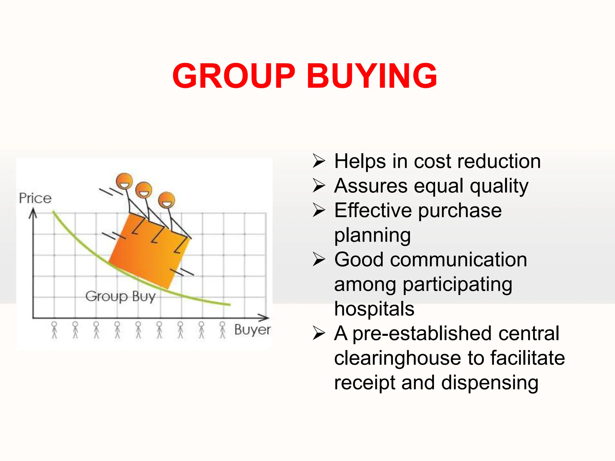  Helps in cost reduction
 Assures equal quality
 Effective purchase
planning
 Good communication
among participating
hospitals
 A pre-established central
clearinghouse to facilitate
receipt and dispensing
GROUP BUYING
 