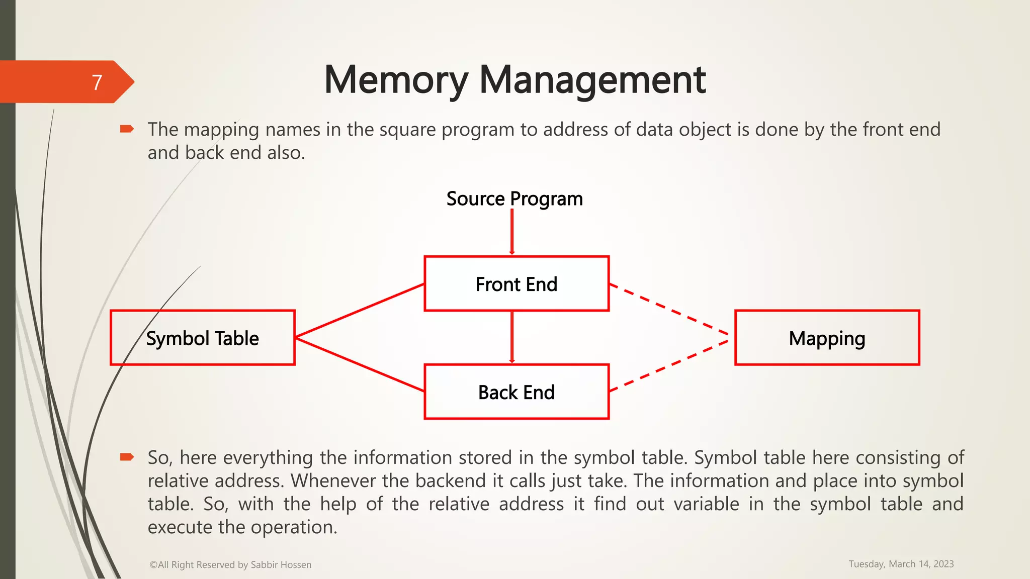 Memory Management
 The mapping names in the square program to address of data object is done by the front end
and back end also.
 So, here everything the information stored in the symbol table. Symbol table here consisting of
relative address. Whenever the backend it calls just take. The information and place into symbol
table. So, with the help of the relative address it find out variable in the symbol table and
execute the operation.
Tuesday, March 14, 2023
©All Right Reserved by Sabbir Hossen
7
Source Program
Back End
Mapping
Symbol Table
Front End
 