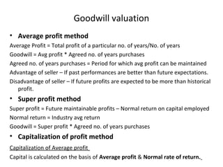 Goodwill valuation
• Average profit method
Average Profit = Total profit of a particular no. of years/No. of years
Goodwill = Avg profit * Agreed no. of years purchases
Agreed no. of years purchases = Period for which avg profit can be maintained
Advantage of seller – If past performances are better than future expectations.
Disadvantage of seller – If future profits are expected to be more than historical
profit.
• Super profit method
Super profit = Future maintainable profits – Normal return on capital employed
Normal return = Industry avg return
Goodwill = Super profit * Agreed no. of years purchases
• Capitalization of profit method
Capitalization of Average profit
Capital is calculated on the basis of Average profit & Normal rate of return.
 