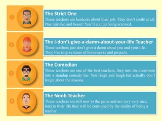 The Strict One
These teachers are hardcore about their job. They don’t smile at all.
One mistake and boom! You’ll end up being screwed.
.
The I-don’t-give-a-damn-about-your-life Teacher
These teachers just don’t give a damn about you and your life.
They like to give tones of homeworks and projects.
The Comedian
These teachers are one of the best teachers, they turn the classroom
into a standup comedy bar. You laugh and laugh but actually don’t
forget about the lessons.
The Noob Teacher
These teachers are still new to the game and are very very nice,
later in their life they will be consumed by the reality of being a
teacher.
 