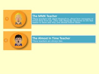 The MMK Teacher
These teachers talk about themselves, about how awesome or
awful their lives are. They talk about the decisions in life that
matter to them and why you should follow them.
The Almost In Time Teacher
These teachers are always late.
 