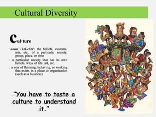 Cultural Diversity
cul·ture
noun ˈkəl-chər: the beliefs, customs,
arts, etc., of a particular society,
group, place, or time
: a particular society that has its own
beliefs, ways of life, art, etc.
: a way of thinking, behaving, or working
that exists in a place or organization
(such as a business)
“You have to taste a
culture to understand
it.”
 
