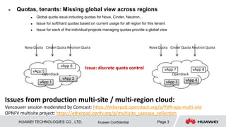 HUAWEI TECHNOLOGIES CO., LTD. Page 3Huawei Confidential
 Neutron:
 No global view for tenant level IP address space management
 Issue of clone security groups across regions
 Issue of establishing tenant level L2/L3 networking across region for application high availability across OpenStack
instances
Issues from production multi-site / multi-region cloud:
Vancouver session moderated by Comcast: https://etherpad.openstack.org/p/YVR-ops-multi-site
OPNFV multisite project: https://etherpad.opnfv.org/p/multisite_usecase_collection
Neutron vApp
Standby
Neutron
Network CIDR… Network CIDR…
Security Group… Security Group…
APP networking across OpenStack instance…
For heartbeat, states replication….vApp
master
 