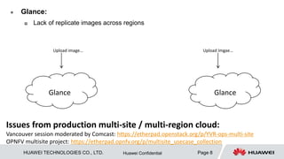 HUAWEI TECHNOLOGIES CO., LTD. Page 8Huawei Confidential
 Glance:
 Lack of replicate images across regions
Issues from production multi-site / multi-region cloud:
Vancouver session moderated by Comcast: https://etherpad.openstack.org/p/YVR-ops-multi-site
OPNFV multisite project: https://etherpad.opnfv.org/p/multisite_usecase_collection
Glance Glance
Upload image… Upload Imgae…
 