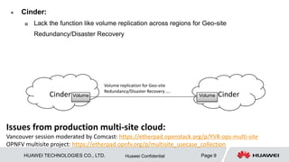 HUAWEI TECHNOLOGIES CO., LTD. Page 9Huawei Confidential
 Cinder:
 Lack the function like volume replication across regions for Geo-site
Redundancy/Disaster Recovery
Issues from production multi-site cloud:
Vancouver session moderated by Comcast: https://etherpad.openstack.org/p/YVR-ops-multi-site
OPNFV multisite project: https://etherpad.opnfv.org/p/multisite_usecase_collection
Cinder CinderVolume
Volume replication for Geo-site
Redundancy/Disaster Recovery ….
Volume
 