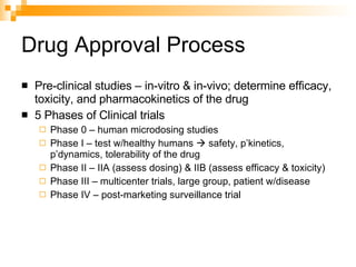 Drug Approval Process Pre-clinical studies – in-vitro & in-vivo; determine efficacy, toxicity, and pharmacokinetics of the drug 5 Phases of Clinical trials Phase 0 – human microdosing studies Phase I – test w/healthy humans    safety, p’kinetics, p’dynamics, tolerability of the drug Phase II – IIA (assess dosing) & IIB (assess efficacy & toxicity) Phase III – multicenter trials, large group, patient w/disease Phase IV – post-marketing surveillance trial 