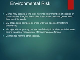 Environmental Risk
 Genes may escape & find their way into other members of species or
other species. Imagine the trouble if herbicide- resistant genes found
their way into weeds.
 GM crops could compete or breed with wild species threatening
biodiversity.
 Monogenetic crops may not react sufficiently to environmental stresses,
posing danger of reenactment of Ireland’s potato famine.
 Unintended harm to other species.
 