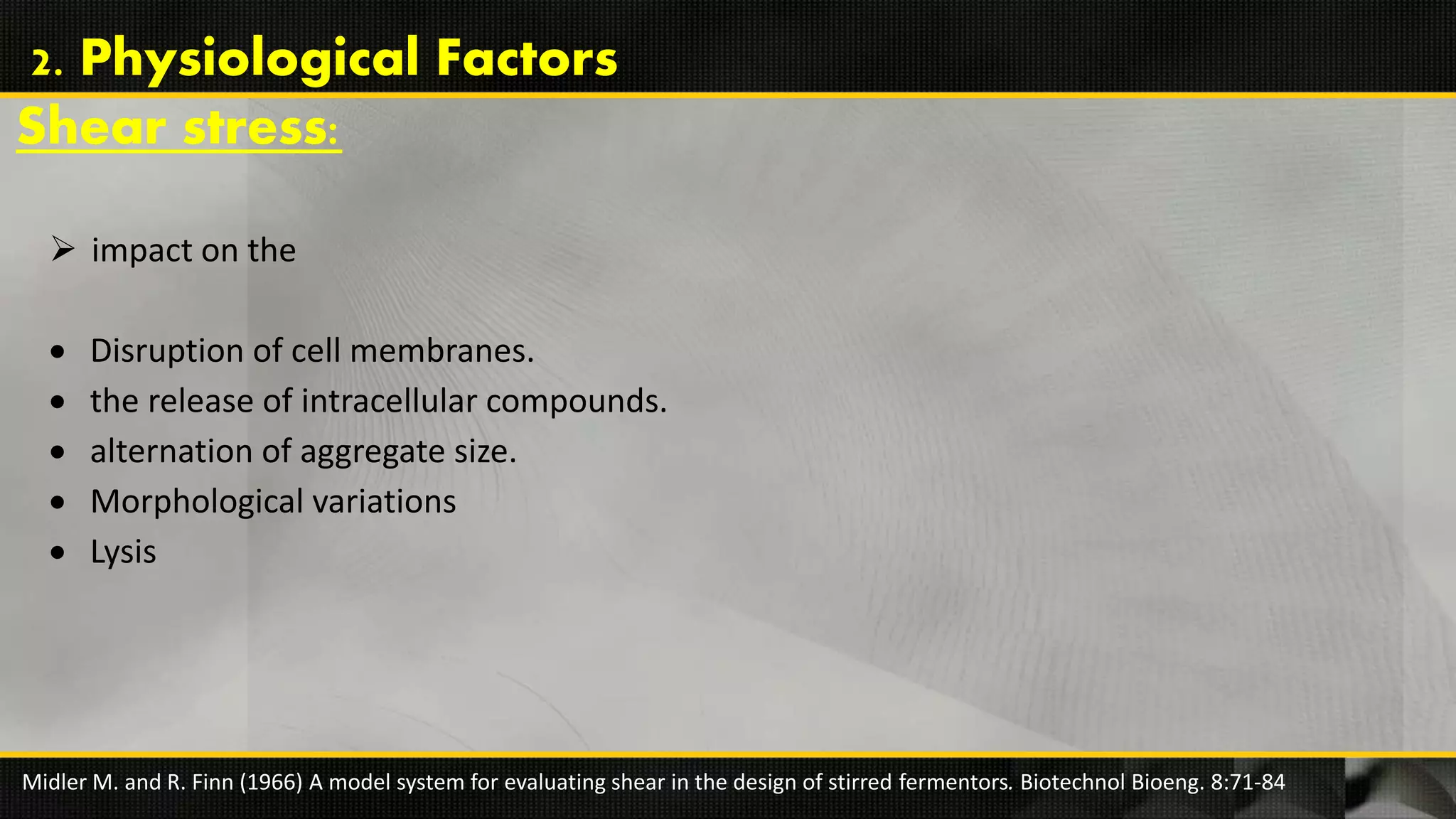  impact on the
 Disruption of cell membranes.
 the release of intracellular compounds.
 alternation of aggregate size.
 Morphological variations
 Lysis
Midler M. and R. Finn (1966) A model system for evaluating shear in the design of stirred fermentors. Biotechnol Bioeng. 8:71-84
Shear stress:
2. Physiological Factors
 