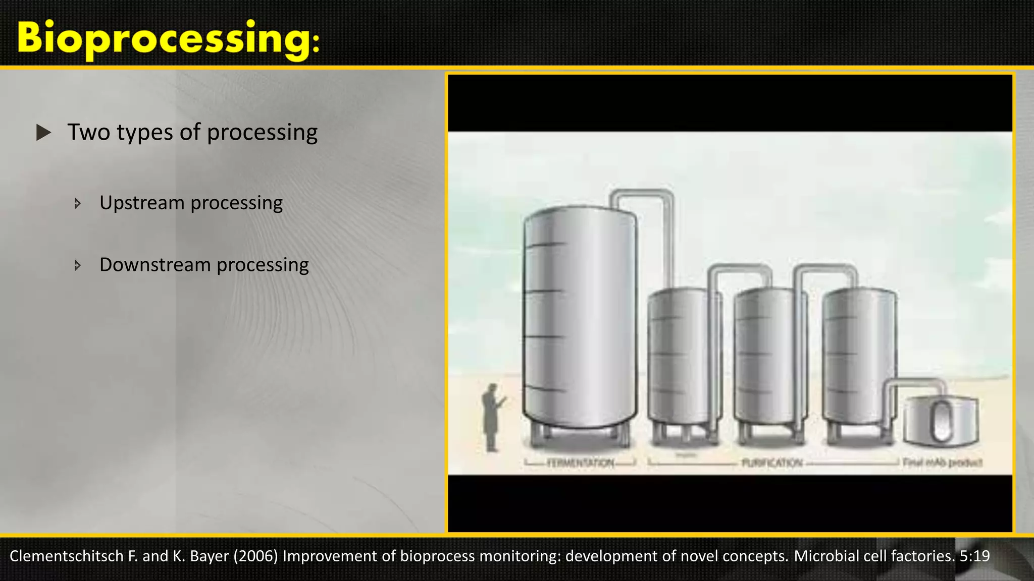  Two types of processing
 Upstream processing
 Downstream processing
Clementschitsch F. and K. Bayer (2006) Improvement of bioprocess monitoring: development of novel concepts. Microbial cell factories. 5:19
 
