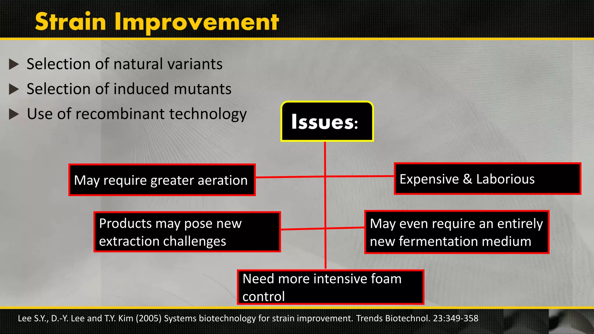  Selection of natural variants
 Selection of induced mutants
 Use of recombinant technology
Lee S.Y., D.-Y. Lee and T.Y. Kim (2005) Systems biotechnology for strain improvement. Trends Biotechnol. 23:349-358
May require greater aeration
Products may pose new
extraction challenges
May even require an entirely
new fermentation medium
Expensive & Laborious
Need more intensive foam
control
Issues:
 