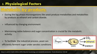  During the log phase microorganisms like yeast produce metabolites and metabolites
by products as ethanol and carbon dioxide.
 influenced by changing environment
 Maintaining redox balance and sugar concentration is crucial for the metabolic
activity.
 To facilitate the industrial process, yeast can
efficiently ferment sugar under aerobic conditions.
Braun S. and S.E. Vecht-Lifshitz (1991) Mycelial morphology and metabolite production. Trends Biotechnol. 9:63-68
2. Physiological Factors
 