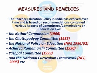 MEASURES AND REMEDIES
The Teacher Education Policy in India has evolved over
time and is based on recommendations contained in
various Reports of Committees/Commissions on
Education like:
– the Kothari Commission (1966)
– the Chattopadyay Committee (1985)
– the National Policy on Education (NPE 1986/92)
– Acharya Ramamurthi Committee (1990)
– Yashpal Committee (1993)
– and the National Curriculum Framework (NCF,
2005) etc
 