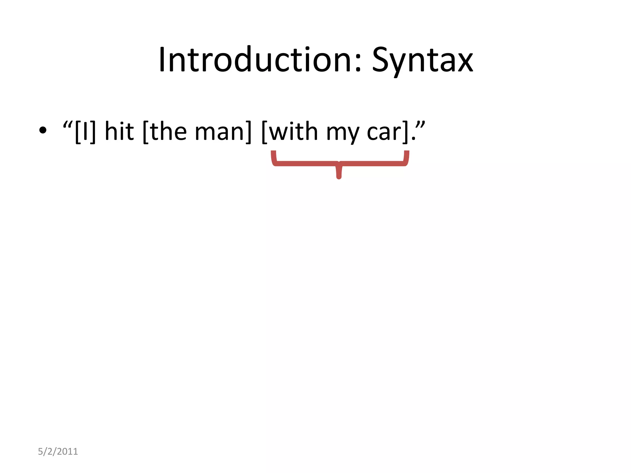 Introduction: Syntax5/2/2011“[I] hit [the man] [with my car].”
