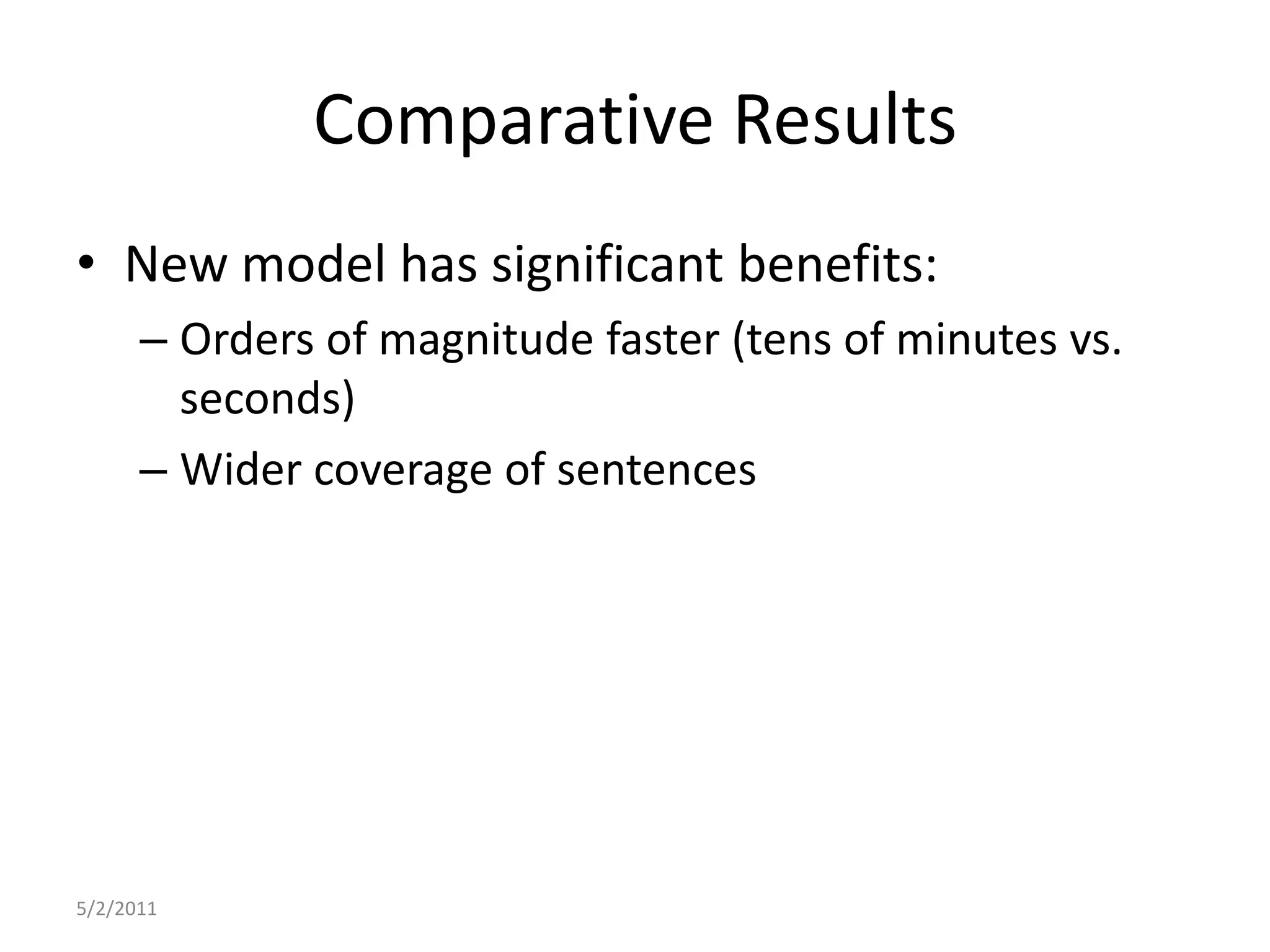 Comparative ResultsNew model has significant benefits:Orders of magnitude faster (tens of minutes vs. seconds)Wider coverage of sentences5/2/2011