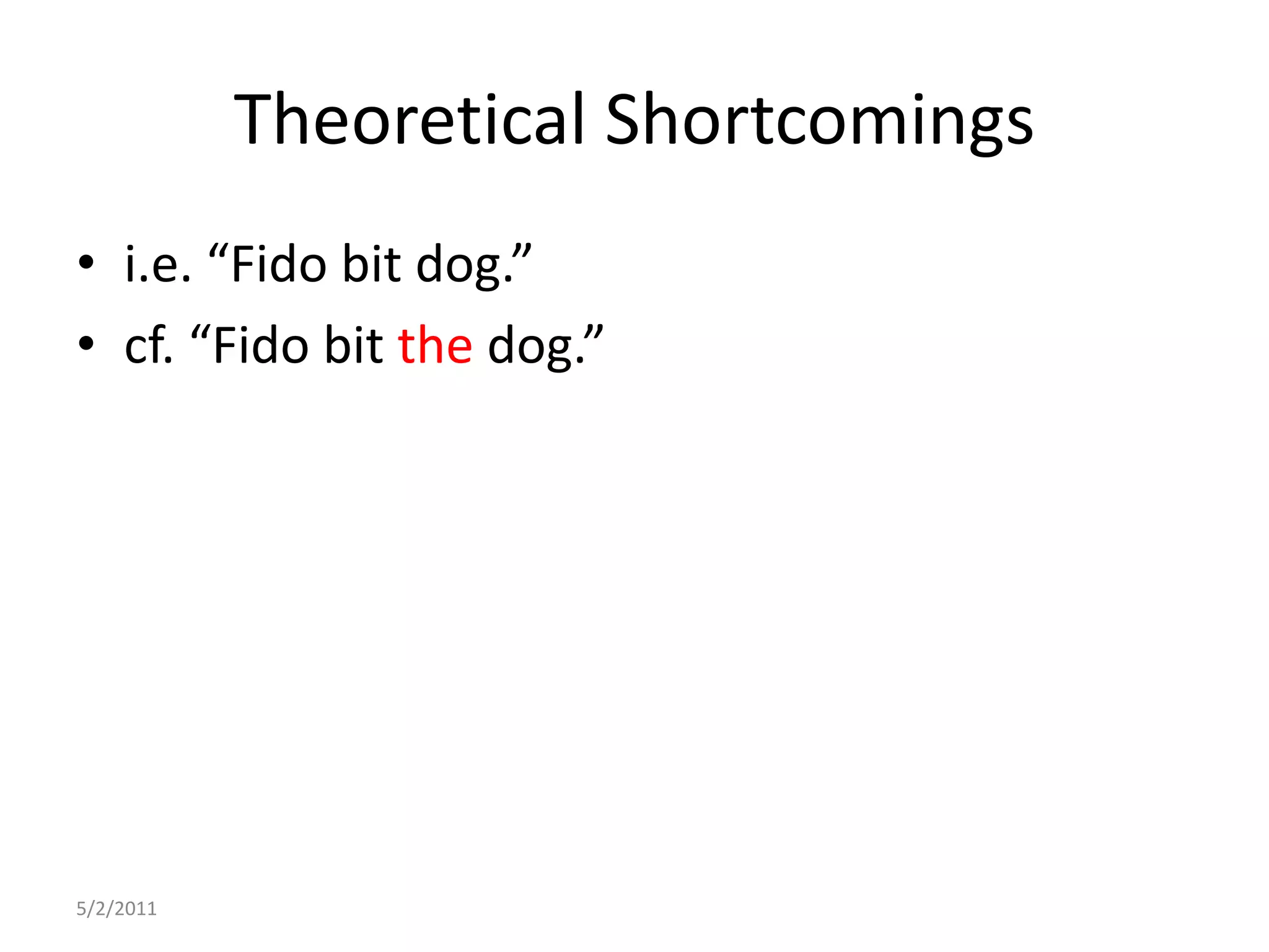 Theoretical Shortcomingsi.e. “Fido bit dog.”cf. “Fido bit the dog.” 5/2/2011