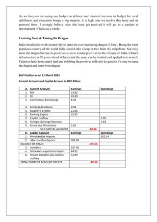 As we keep on increasing our budget on defence and minimal increase in budget for rural
upliftment and education brings a big surprise. It is high time we resolve this issue and on
personal front. I strongly believe once this issue get resolved it will act as a catalyst in
development of India as a whole.
Learning from & Taming the Dragon
India should also work proactively to tame the ever increasing dragon (China). Being the most
populous country of the world India should take a leap or two from thy neighbour. Not only
tame the dragon but use its positives so as to extend positives to the citizens of India. China's
infrastructure is 20 years ahead of India and the same can be studied and applied here as well.
Criticism leads to no man's land and imbibing the positives will only do good so it's time we tame
the dragon and learn from dragon.
BoP Position as on 31 March 2013
Current Account and Capital Account in USD Billion
B. Capital Account Earnings Spendings
1. Merchandise Imports 502.34
2. Merchandise Exports 306.58
BALANCE OF TRADE -195.66
3. Invisibles 107.49
a. Software’s export less import 64.92
b. Private transfers less income
outflow
42.89
TOTAL CURRENT ACCOUNT DEFICIT -88.16
A. Current Account Earnings Spendings
1. FDI 19.82
2. FII 26.89
3. Commercial Borrowings 8.49
4. External Assistance 0.98
5. Suupliers Credits 21.66
6. Banking Capital 16.57
7. Capital outflow 5.05
8. Foreign Exchange Reserves 3.83
9. Errors and Ommisions 2.69
NET CAPITAL ACCOUNT 88.16
 