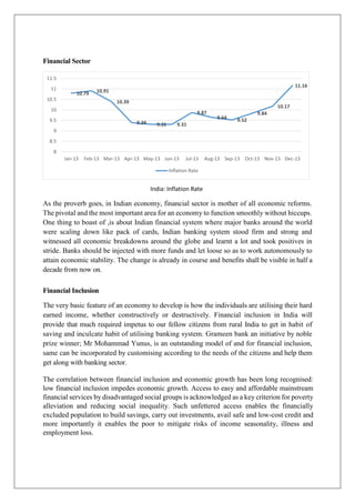 Financial Sector
India: Inflation Rate
As the proverb goes, in Indian economy, financial sector is mother of all economic reforms.
The pivotal and the most important area for an economy to function smoothly without hiccups.
One thing to boast of ,is about Indian financial system where major banks around the world
were scaling down like pack of cards, Indian banking system stood firm and strong and
witnessed all economic breakdowns around the globe and learnt a lot and took positives in
stride. Banks should be injected with more funds and let loose so as to work autonomously to
attain economic stability. The change is already in course and benefits shall be visible in half a
decade from now on.
Financial Inclusion
The very basic feature of an economy to develop is how the individuals are utilising their hard
earned income, whether constructively or destructively. Financial inclusion in India will
provide that much required impetus to our fellow citizens from rural India to get in habit of
saving and inculcate habit of utilising banking system. Grameen bank an initiative by noble
prize winner; Mr Mohammad Yunus, is an outstanding model of and for financial inclusion,
same can be incorporated by customising according to the needs of the citizens and help them
get along with banking sector.
The correlation between financial inclusion and economic growth has been long recognised:
low financial inclusion impedes economic growth. Access to easy and affordable mainstream
financial services by disadvantaged social groups is acknowledged as a key criterion for poverty
alleviation and reducing social inequality. Such unfettered access enables the financially
excluded population to build savings, carry out investments, avail safe and low-cost credit and
more importantly it enables the poor to mitigate risks of income seasonality, illness and
employment loss.
10.79 10.91
10.39
9.39 9.31 9.31
9.87
9.64 9.52
9.84
10.17
11.16
8
8.5
9
9.5
10
10.5
11
11.5
Jan-13 Feb-13 Mar-13 Apr-13 May-13 Jun-13 Jul-13 Aug-13 Sep-13 Oct-13 Nov-13 Dec-13
Inflation Rate
 