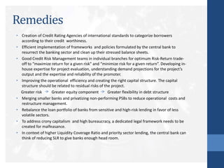 Remedies
• Creation of Credit Rating Agencies of international standards to categorize borrowers
according to their credit worthiness.
• Efficient implementation of frameworks and policies formulated by the central bank to
resurrect the banking sector and clean up their stressed balance sheets.
• Good Credit Risk Management teams in individual branches for optimum Risk-Return trade-
off to “maximize return for a given risk” and “minimize risk for a given return”. Developing in-
house expertise for project evaluation, understanding demand projections for the project’s
output and the expertise and reliability of the promoter.
• Improving the operational efficiency and creating the right capital structure. The capital
structure should be related to residual risks of the project.
Greater risk Greater equity component Greater flexibility in debt structure
• Merging smaller banks and privatizing non-performing PSBs to reduce operational costs and
restructure management.
• Rebalance the loan portfolio of banks from sensitive and high-risk lending in favor of less
volatile sectors.
• To address crony capitalism and high bureaucracy, a dedicated legal framework needs to be
created for malfeasance.
• In context of higher Liquidity Coverage Ratio and priority sector lending, the central bank can
think of reducing SLR to give banks enough head room.
 