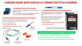 3 MAJOR ISSUES WITH DUPLEX LC CONNECTOR STYLE CLEANERS
> 350V with cleaner’s tip 13mm (0.5”) away from the
senor plate at 51% relative humidity at 23˚C (73˚F)
1. INCREASING YOUR COST OF CLEANING
Each time the cleaner is engaged, both sides of the cleaner are
engaged in tandem.
If only one of the two end faces is contaminated, you just paid to
clean a clean connector and DOUBLING YOUR COST
2. CONTRIBUTING TO DUST BASED CONTAMINATION
3. MISSED ALIGNMENT OF CLEANING TIPS TO THE FERRULE
Dry wiping with some common 1st generation cleaners
causes TRIBOELECTRIC EFFECT which charges the
ferrule.
When the ferrule end face has a static charge caused
during the cleaning process, that static static will
attract oppositely charged participles from:
 DUST IN THE AIR
 WEAR DEBRIS FROM MATING INSIDE THE ADAPTER
 DUST IN END CAPS & PORT
Each The cleaning tips of the LC duplex connectors are made
for standard LC duplex with a 6.25mm center to center pitch.
These cleaners will NOT work for:
 Mini LC Duplex (5.25mm pitch)
 QSFP-DD CS style connectors (3.25mm pitch)
 Keyed LC duplex
Senko CS
for QSFD-DD
(3.8mm pitch)
Keyed Adapter
1. INSPECT FIRST  CLEAN IF NECESSARY  REINSPECT
2. Always do both ends of the connector before mating
3. Use a cleaner that will not generate static or wet to dry clean
Mini LC Duplex
(5.25mm pitch)
Standard LC Duplex
(6.25mm pitch)
3 SIMPLE WAY TO COMPLETELY ELIMINATE ALL 3 ISSUES
 