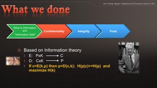 What is Information
and Confidentiality Integrity Trust
“Information Safe”
If c=E(k,p) then p=D(c,k); H(p|c)>=H(p) and
maximize H(k)