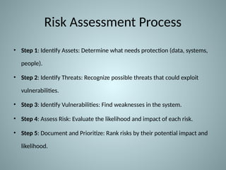 Risk Assessment Process
• Step 1: Identify Assets: Determine what needs protection (data, systems,
people).
• Step 2: Identify Threats: Recognize possible threats that could exploit
vulnerabilities.
• Step 3: Identify Vulnerabilities: Find weaknesses in the system.
• Step 4: Assess Risk: Evaluate the likelihood and impact of each risk.
• Step 5: Document and Prioritize: Rank risks by their potential impact and
likelihood.
 