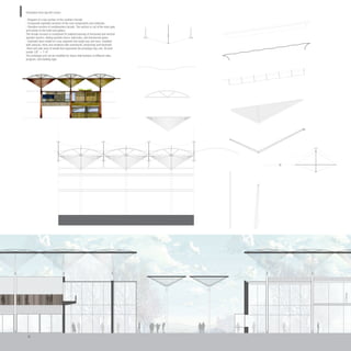 Clockwise from top left corner:
- Diagram of a bay portion of the southern facade
- Composite exploded sections of the roof components and materials.
- Elevation-section of southwestern facade. The section is cut at the main gate
and entries to the hotel and gallery.
The facade survace is comprised of material layering of horizontal and vertical
wooden louvers, sliding wooden doors, balconies, and translucent glass.
- Exploded axon model of a bay segment and single bay unit axon, modeled
with autocad, rhino and rendered with cinemas4d, photoshop and illustrator
-Roof and side view of model that represents the prototype bay unit, 3d print
model 1/8” = 1’-0”
The prototype unit can be modified for future interventions at different sites,
program, and building type.
11
 