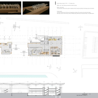 11
4
33
2
5
1. NATURAL-DRAFY PACKAGED COOLING TOWER
100 X 144 X 112
150 TONS
2. HEAT EXCHANGER
GEOEXCHANGE SYSTEM NEIGHBORING WATER BODIES
3. MUNICIPAL WATER SUPPLY
4. GRAY WATER STORAGE
5. CHILLER
600'-11
16 "
127'-4 3
16"370'-11"323'-69
16"
19'-1116 "
33'-31116 "
51'-21116 "
32'-8 3
8"
137'-99
16"
1
2
3
4
ABCDEG FHIJKLMNO
R BROOKLYN, NY
LEVEL 2 1'-0"= 1/32"
100
34'-0"
68'-0"68'-0"68'-0"68'-0" 2'-0" 2'-0"136'-0" 2'-0" 2'-0" 2'-0"136'-0" 2'-0"
187'-1"
8'-2 "
12
3
4
5
6
7
8
10
56'-3"
12'-1"
31'-3 "
51'-9"
106'-3 "33'-8 "139'-4"
ABCDEFGHIJK
01
02
03
04
Top left: Series of views of 1/16”= 1’-0” model on site
Middle: Level 1 plan (solid gray represents the public terminal)
Bottom: Long section
The long section reveals the bay system’s repetitve and how it becomes stretched in the hangar portion of the airport.
Previous layout:
Left page: Sectional axon of the bay and comprehensive analysis of the systems and constructional detail
Right page: Site plan with extensive context of Wallabout Bay, Williamsburg and Brooklyn Bridge, and DUMBO district
16pocket port
virgin solair airport | brooklyn, ny
 