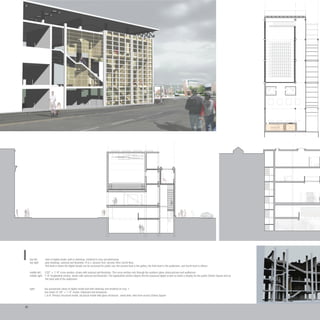 top left: view of digital model, built in sketchup, rendered in vray and photoshop
top right: plan drawings, autocad and illustrator; R to L: ground, first, second, third, fourth floor;
first level is where the digital facade can be accessed for public use; the second level is the gallery, the third level is the auditorium, and fourth level is offices
middle left: 1/32” = 1’-0” cross-section, drawn with autocad and illustrator; The cross-section cuts through the southern glass stairscaircase and auditorium.
middle right: 1’-0” longitudinal section, drawn with autocad and illustrator; The lognitudinal section depicts the the proposed digital screen as botha a display for the public Clinton Square and as
the back wall of the auditorium.
right: two perspective views of digital model built with sketchup and rendered on vray +
two views of 1/8” = 1’-0” model, chipboard and basswood
L to R: Primary structural model, structural model with glass enclosure, aerial view, view from across Clinton Square
25
LEVEL4
 