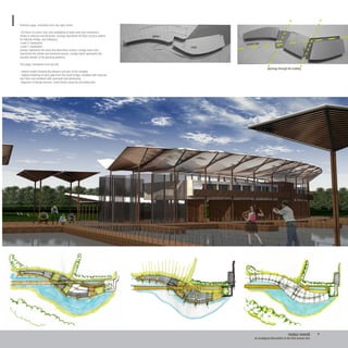hotel
gallery
openings through the building
central axis
Previous page, clockwise from top right corner:
-(2) Plans of Level 2 bay unit subdivided at hotel suite and conference,
drawn in autocad and illustrator. (orange represents the floor surface pattern
for balcony bridge, and hallways)
-Level 2 masterplan
-Level 1 masterplan
(brown represents the dock and deck floor surface; orange solid color
represents the private and enclosed spaces; orange hatch represents the
wooden shades of the ginseng gardens)
This page, clockwise from top riht:
- sketch model showing the division and axis of the complex
- digitial rendering of entry gate from the south bridge, modeled with autocad
and rhino and rendered with cinema4d and photoshop
-diagrams of design process, hand drawn using ink and watercolor
8modus vivendi
an ecological intervention in the futre korean dmz
 