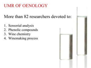 UMR OF OENOLOGY

More than 82 researchers devoted to:
1.   Sensorial analysis
2.   Phenolic compounds
3.   Wine chemistry
4.   Winemaking process




                                       HC /12.07
 