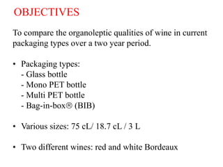 OBJECTIVES
To compare the organoleptic qualities of wine in current
packaging types over a two year period.

• Packaging types:
  - Glass bottle
  - Mono PET bottle
  - Multi PET bottle
  - Bag-in-box (BIB)

• Various sizes: 75 cL/ 18.7 cL / 3 L

• Two different wines: red and white Bordeaux
                                                       HC /12.07
 