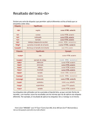 Resaltado del texto <b>
Existen una serie de etiquetas que permiten aplicar diferentes estilos al texto que se
encuentra entre ellas:
Las etiquetas más utilizadas son las asociadas al tipo de letra, ya que son más fáciles de
recordar, y en muchos casos los resultados son los mismos que los de aplicar una etiqueta
diferente. Por ejemplo, el resultado de aplicar las etiquetas <b> y <strong> es el mismo.
<font color="#993366" size="4"face="ComicSansMS, Arial,MS Sans Serif">Bienvenidosa
<b><u><tt>aulaclic.com</tt></u></b></font>
 