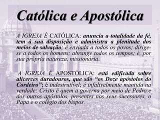 Católica e Apostólica
A IGREJA É CATÓLICA: anuncia a totalidade da fé,
tem à sua disposição e administra a plenitude dos
meios de salvação; é enviada a todos os povos; dirige-
se a todos os homens; abrange todos os tempos; é, por
sua própria natureza, missionária.
A IGREJA É APOSTÓLICA: está edificada sobre
alicerces duradouros, que são “os Doze apóstolos do
Cordeiro”; é indestrutível; é infalivelmente mantida na
verdade: Cristo é quem a governa por meio de Pedro e
dos outros apóstolos, presentes nos seus sucessores, o
Papa e o colégio dos bispos.
 