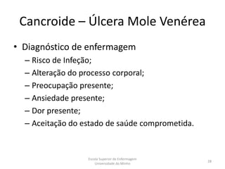 Cancroide – Úlcera Mole Venérea
• Diagnóstico de enfermagem
  – Risco de Infeção;
  – Alteração do processo corporal;
  – Preocupação presente;
  – Ansiedade presente;
  – Dor presente;
  – Aceitação do estado de saúde comprometida.


                  Escola Superior de Enfermagem
                                                  28
                      Universidade do Minho
 