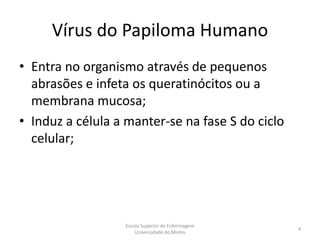 Vírus do Papiloma Humano
• Entra no organismo através de pequenos
  abrasões e infeta os queratinócitos ou a
  membrana mucosa;
• Induz a célula a manter-se na fase S do ciclo
  celular;




                  Escola Superior de Enfermagem
                                                  4
                      Universidade do Minho
 