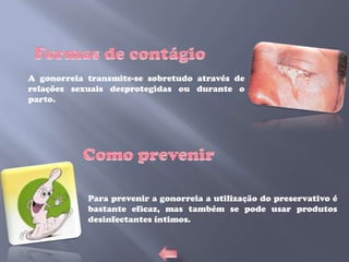 A gonorreia transmite-se sobretudo através de
relações sexuais desprotegidas ou durante o
parto.




            Para prevenir a gonorreia a utilização do preservativo é
            bastante eficaz, mas também se pode usar produtos
            desinfectantes íntimos.
 