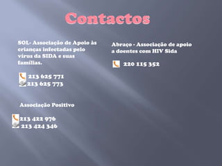 SOL- Associação de Apoio às   Abraço - Associação de apoio
crianças infectadas pelo      a doentes com HIV Sida
vírus da SIDA e suas
famílias.                         220 115 352

   213 625 771
   213 625 773


Associação Positivo

213 422 976
213 424 346
 