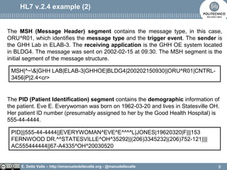 E. Della Valle – http://emanueledellavalle.org - @manudellavalle
HL7 v.2.4 example (2)
MSH|^~&|GHH LAB|ELAB-3|GHHOE|BLDG4|200202150930||ORU^R01|CNTRL-
3456|P|2.4<cr>
The MSH (Message Header) segment contains the message type, in this case,
ORU^R01, which identifies the message type and the trigger event. The sender is
the GHH Lab in ELAB-3. The receiving application is the GHH OE system located
in BLDG4. The message was sent on 2002-02-15 at 09:30. The MSH segment is the
initial segment of the message structure.
PID|||555-44-4444||EVERYWOMAN^EVE^E^^^^L|JONES|19620320|F|||153
FERNWOOD DR.^^STATESVILLE^OH^35292||(206)3345232|(206)752-121||||
AC555444444||67-A4335^OH^20030520
The PID (Patient Identification) segment contains the demographic information of
the patient. Eve E. Everywoman was born on 1962-03-20 and lives in Statesville OH.
Her patient ID number (presumably assigned to her by the Good Health Hospital) is
555-44-4444.
9
 